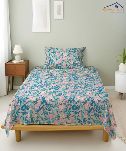 Pastel Garden Bliss Cotton Single Bedsheet With 1 Pillow Cover