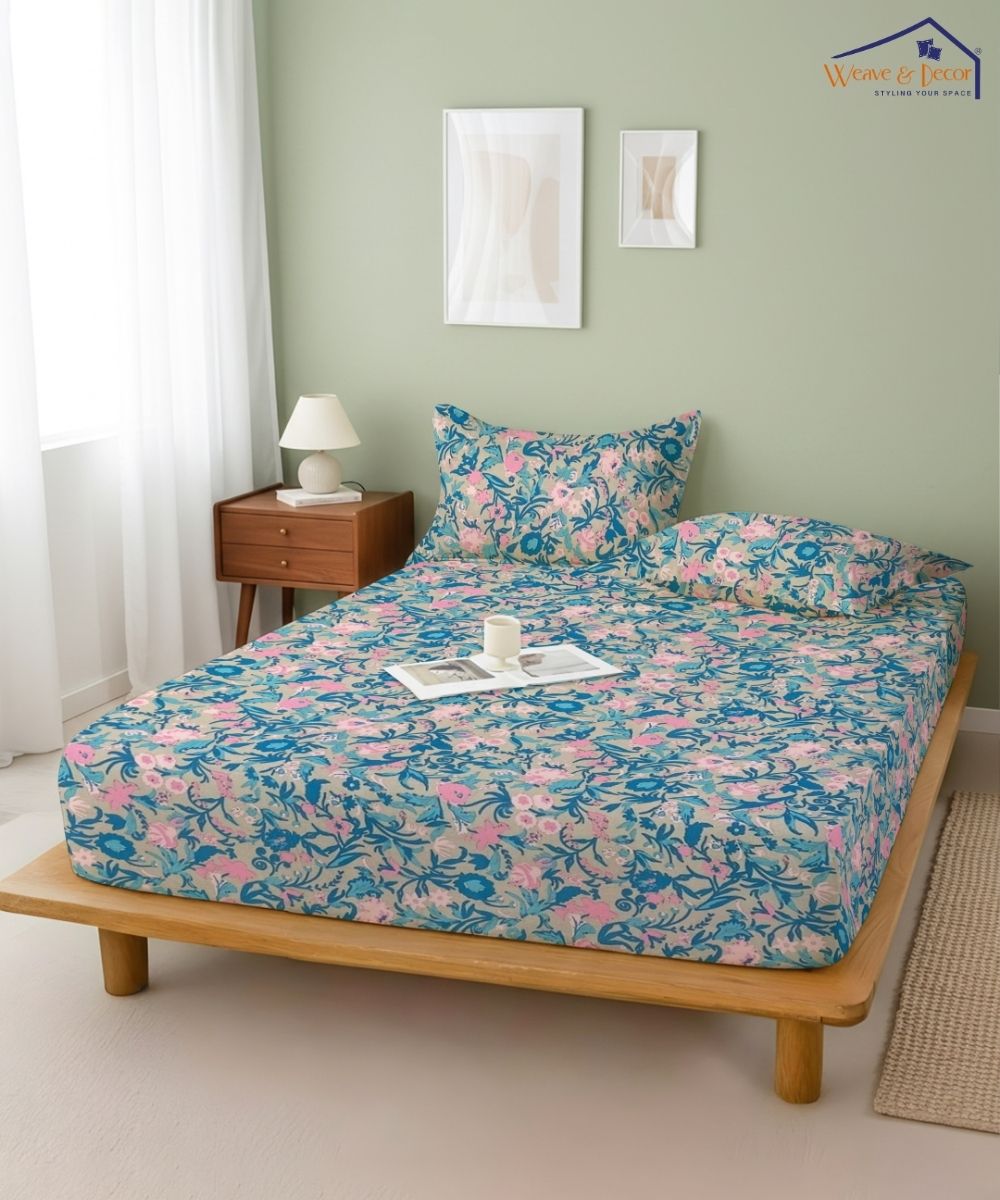 Pastel Garden Bliss – 130 GSM Cotton Fitted Bedsheet With Pillow Cover