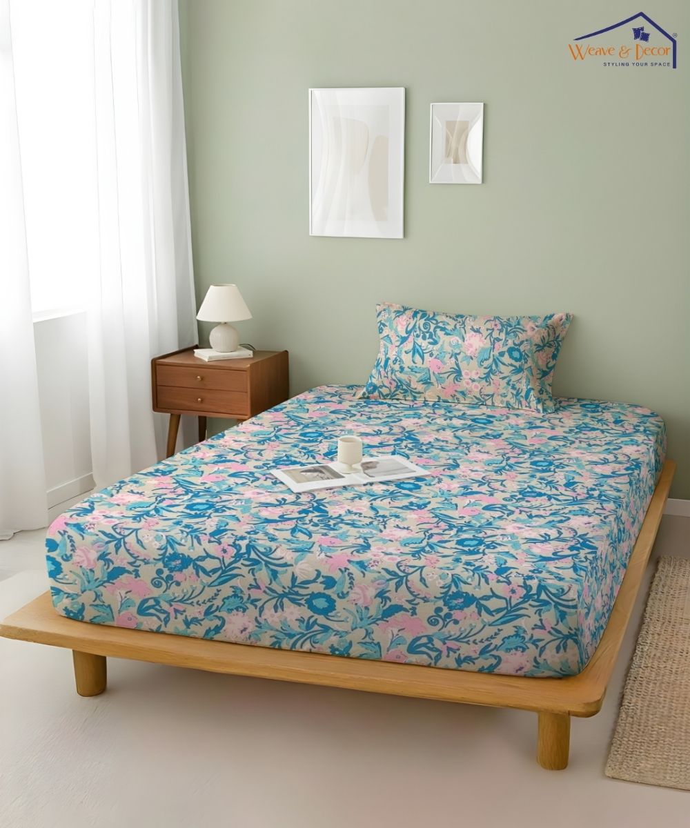Pastel Garden Bliss – 130 GSM Cotton Fitted Bedsheet With Pillow Cover