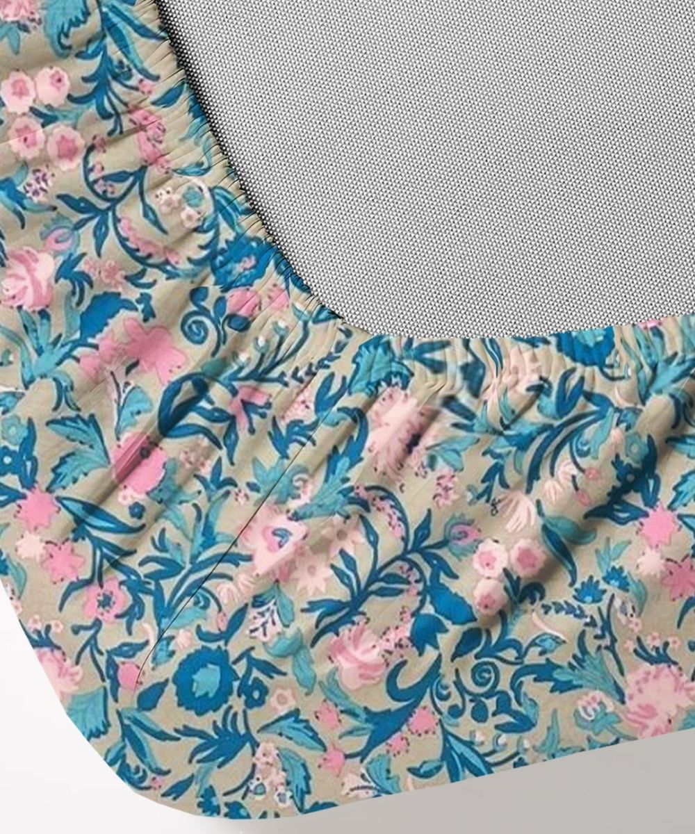 Pastel Garden Bliss – 130 GSM Cotton Fitted Bedsheet With Pillow Cover
