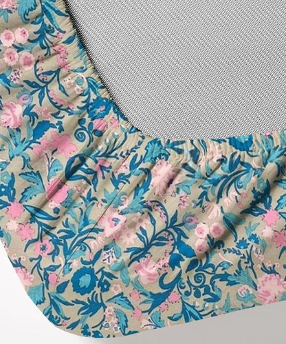 Pastel Garden Bliss – 130 GSM Cotton Fitted Bedsheet With Pillow Cover