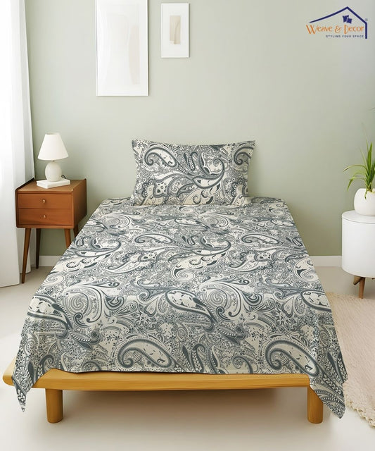 Sage Paisley Charm Cotton Single Bedsheet with 1 Pillow Cover