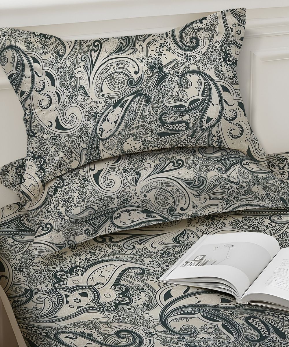 Sage Paisley Charm – 130 GSM Cotton Fitted Bedsheet With Pillow Cover