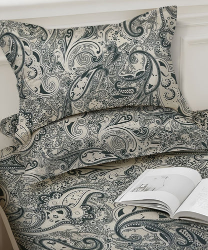 Sage Paisley Charm – 130 GSM Cotton Fitted Bedsheet With Pillow Cover