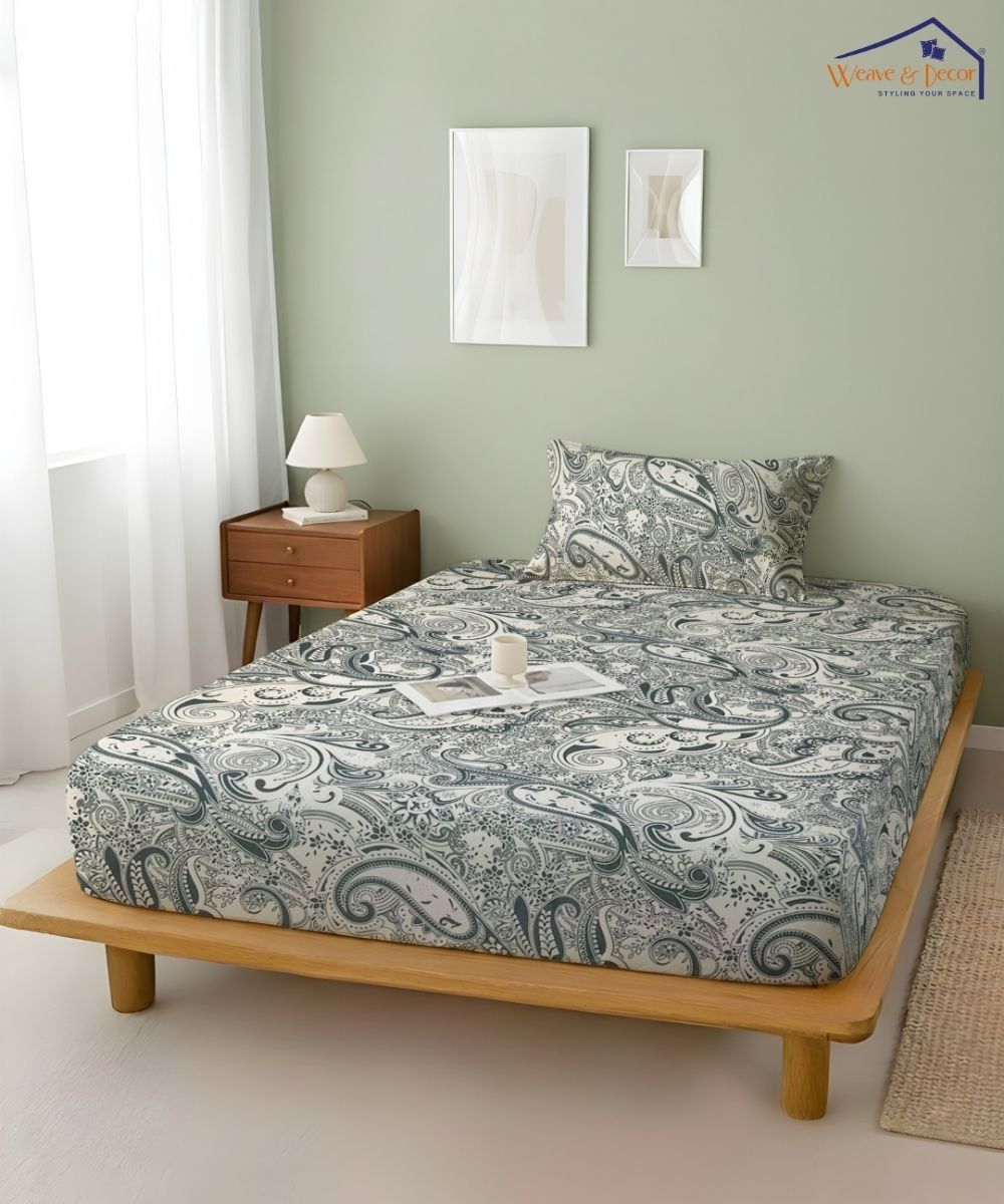 Sage Paisley Charm – 130 GSM Cotton Fitted Bedsheet With Pillow Cover