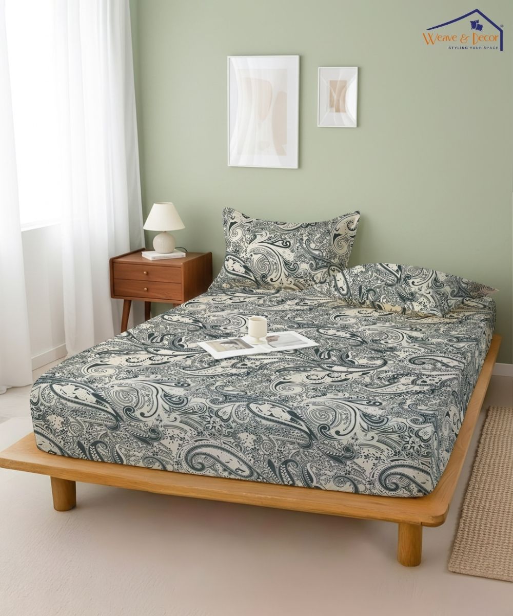 Sage Paisley Charm – 130 GSM Cotton Fitted Bedsheet With Pillow Cover