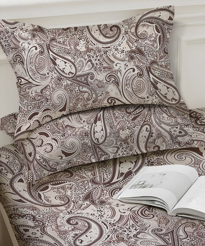 Taupe Paisley Elegance – 130 GSM Cotton Fitted Bedsheet With Pillow Cover