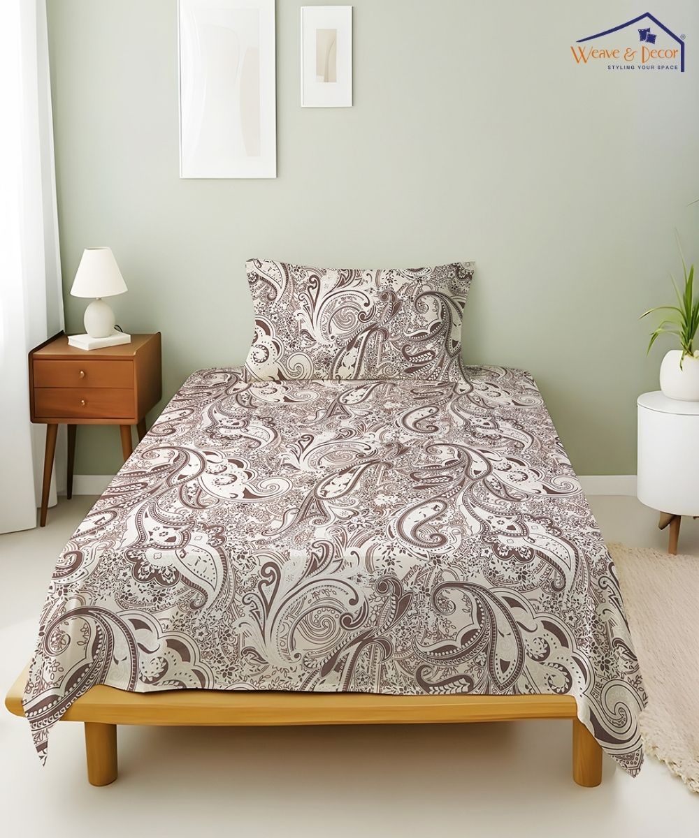 Taupe Paisley Elegance – 130 GSM Cotton Single Bedsheet with Pillow Cover |90x60 inches