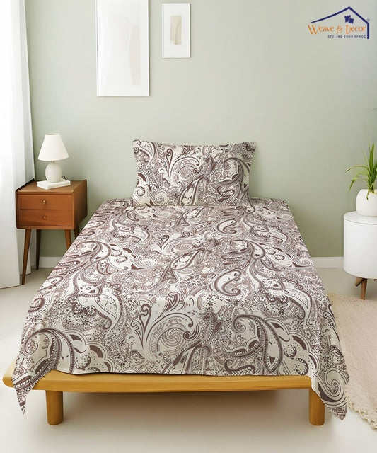 Taupe Paisley Elegance – 130 GSM Cotton Single Bedsheet with Pillow Cover |90x60 inches