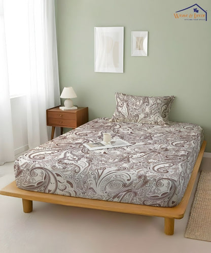 Taupe Paisley Elegance – 130 GSM Cotton Fitted Bedsheet With Pillow Cover