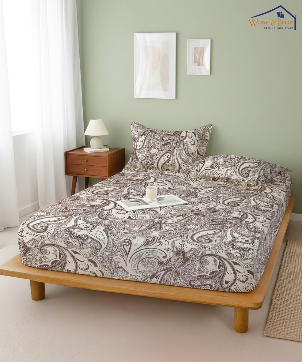 Taupe Paisley Elegance – 130 GSM Cotton Fitted Bedsheet With Pillow Cover