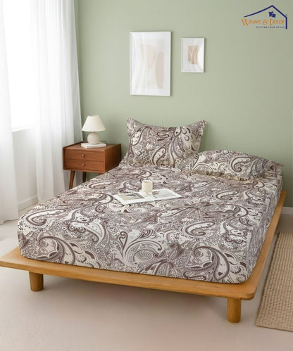 Taupe Paisley Elegance – 130 GSM Cotton Fitted Bedsheet With Pillow Cover