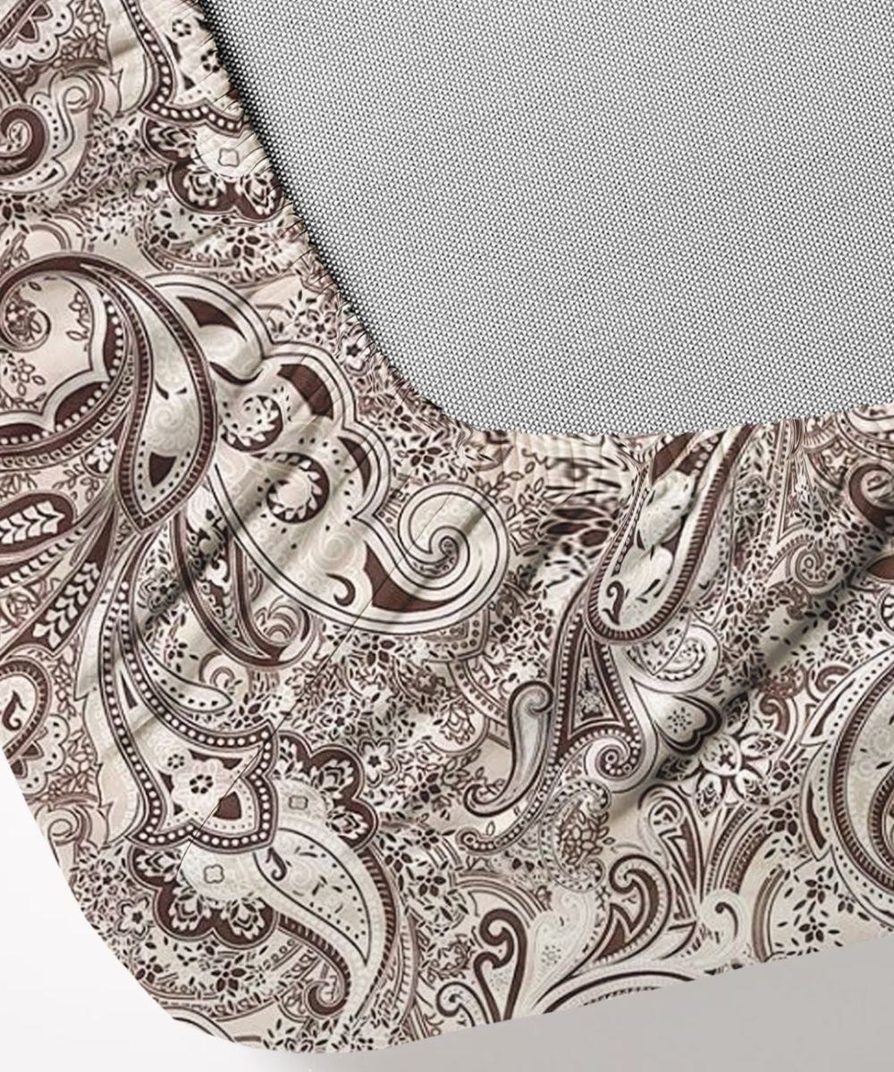 Taupe Paisley Elegance – 130 GSM Cotton Fitted Bedsheet With Pillow Cover