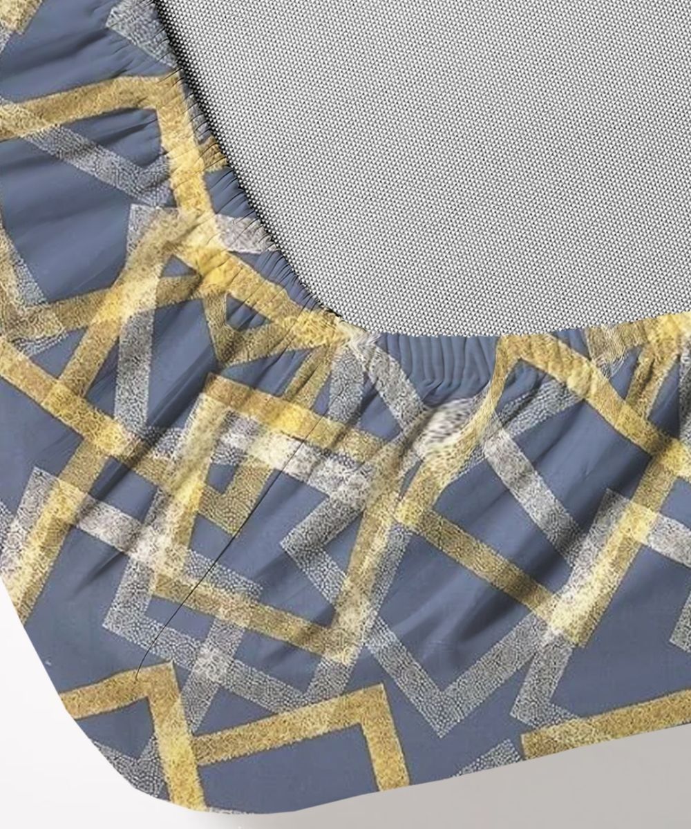 Slate Blue Geometric Charm – 130 GSM Cotton Fitted Bedsheet With Pillow Cover