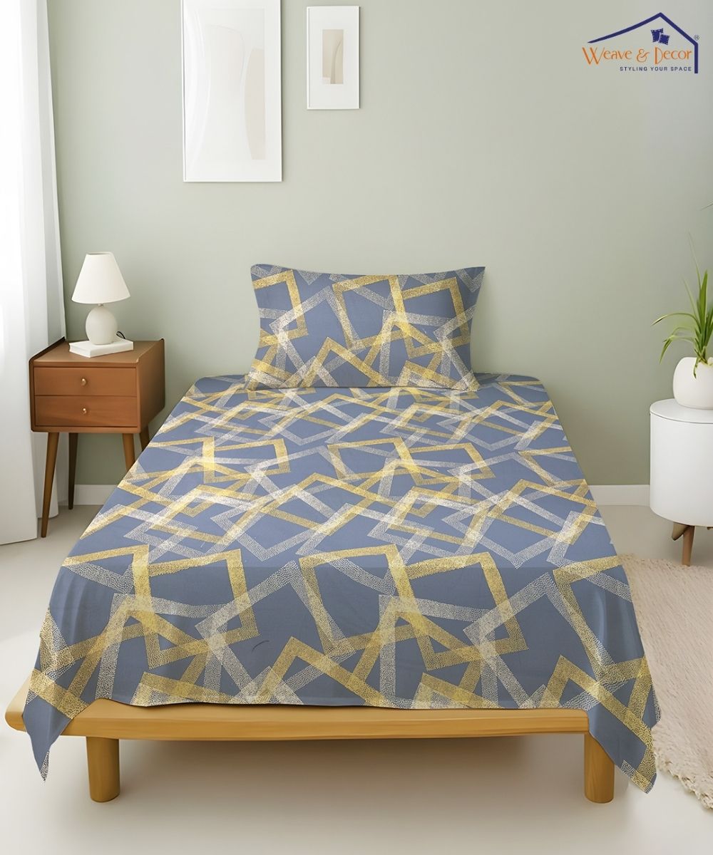 Slate Blue Geometric Cotton Single Bedsheet With 1 Pillow Cover