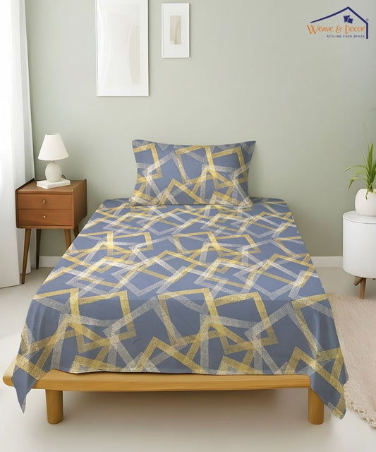 Slate Blue Geometric Cotton Single Bedsheet With 1 Pillow Cover