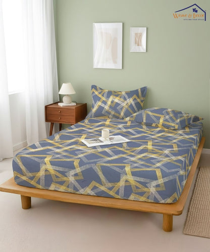 Slate Blue Geometric Charm – 130 GSM Cotton Fitted Bedsheet With Pillow Cover