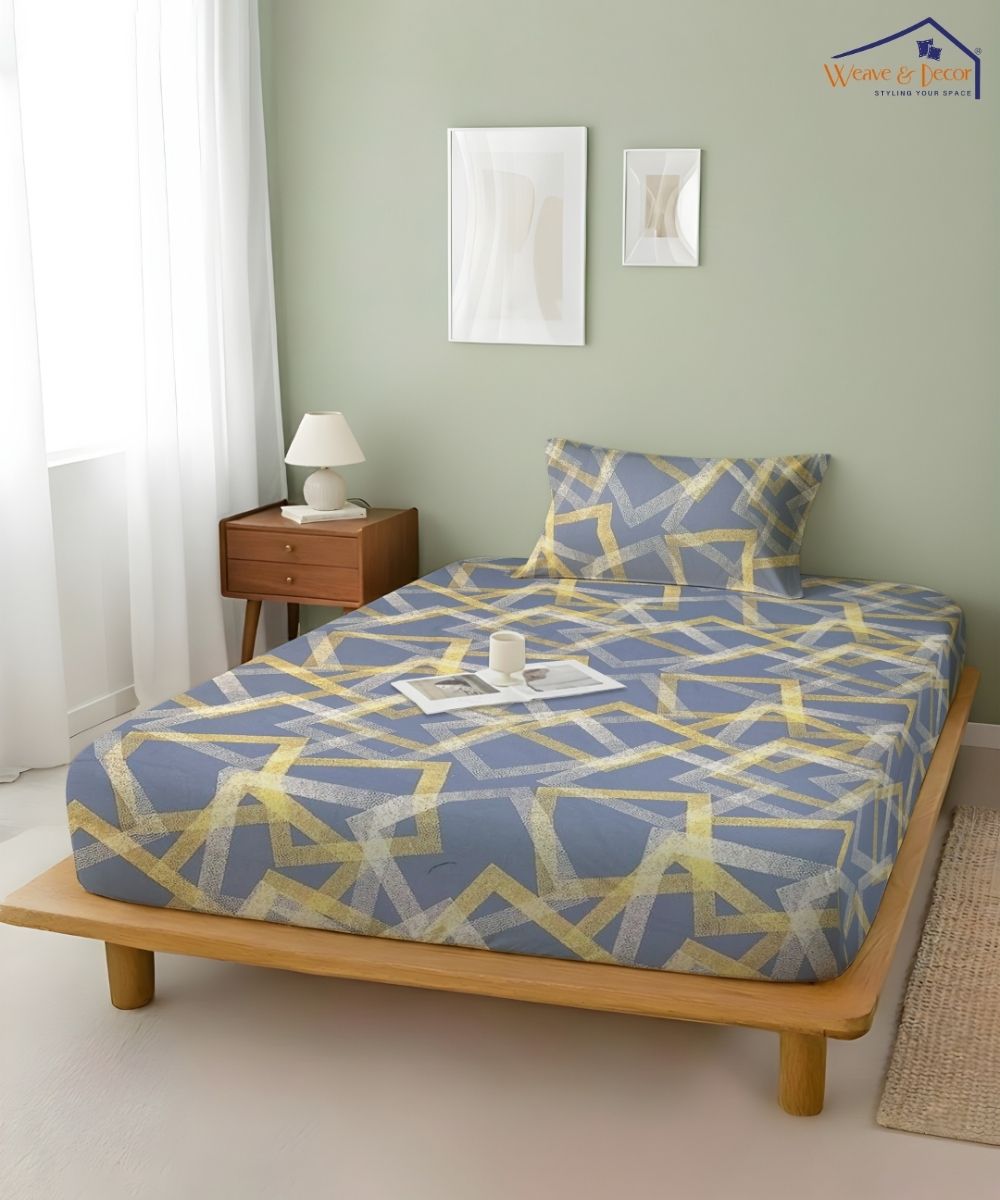 Slate Blue Geometric Charm – 130 GSM Cotton Fitted Bedsheet With Pillow Cover