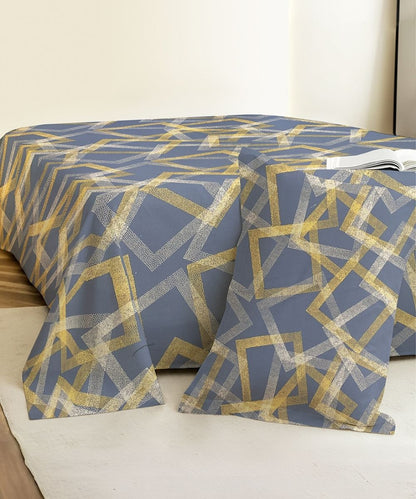 Slate Blue Geometric Cotton Single Bedsheet With 1 Pillow Cover