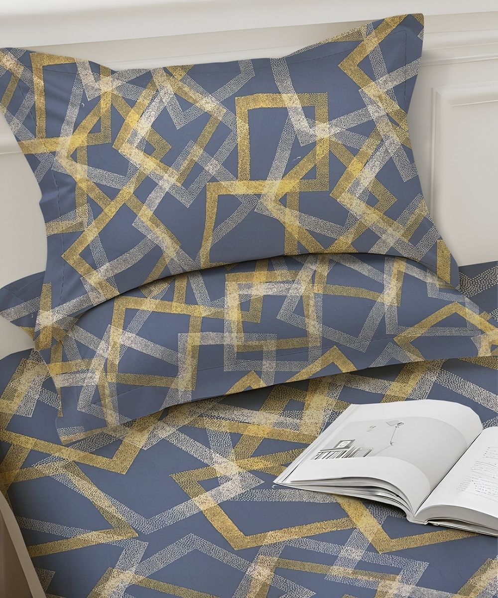 Slate Blue Geometric Charm – 130 GSM Cotton Fitted Bedsheet With Pillow Cover