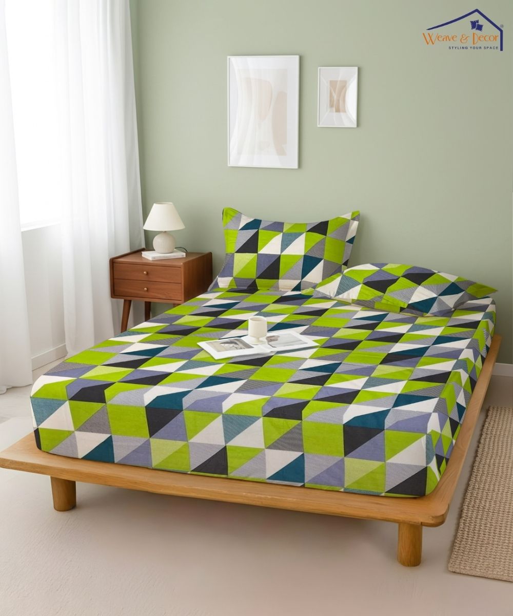 Vivid Geo Harmony – 130 GSM Cotton Fitted Bedsheet With Pillow Cover