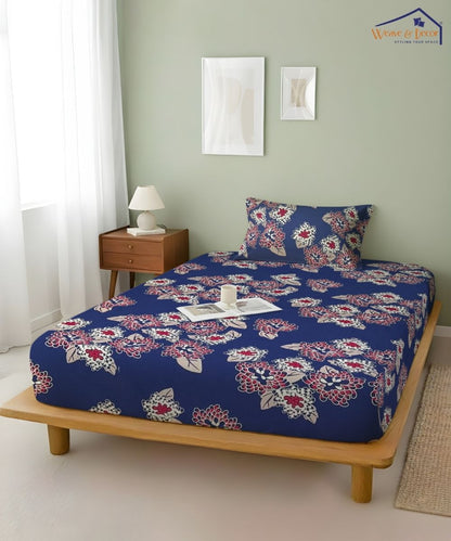 Midnight Bloom Floral  – 130 GSM Cotton Fitted Bedsheet With Pillow Cover