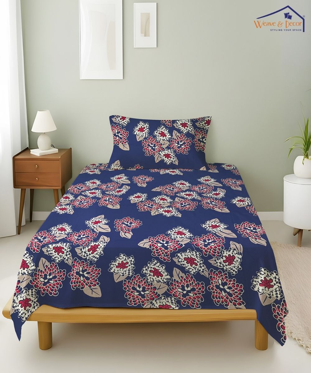 Midnight Bloom Floral  – 130 GSM Cotton Single Bedsheet With Pillow Cover |90x60 inches