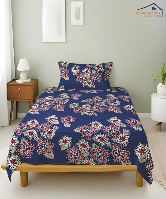 Midnight Bloom Floral  – 130 GSM Cotton Single Bedsheet With Pillow Cover |90x60 inches