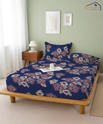Midnight Bloom Floral  – 130 GSM Cotton Fitted Bedsheet With Pillow Cover