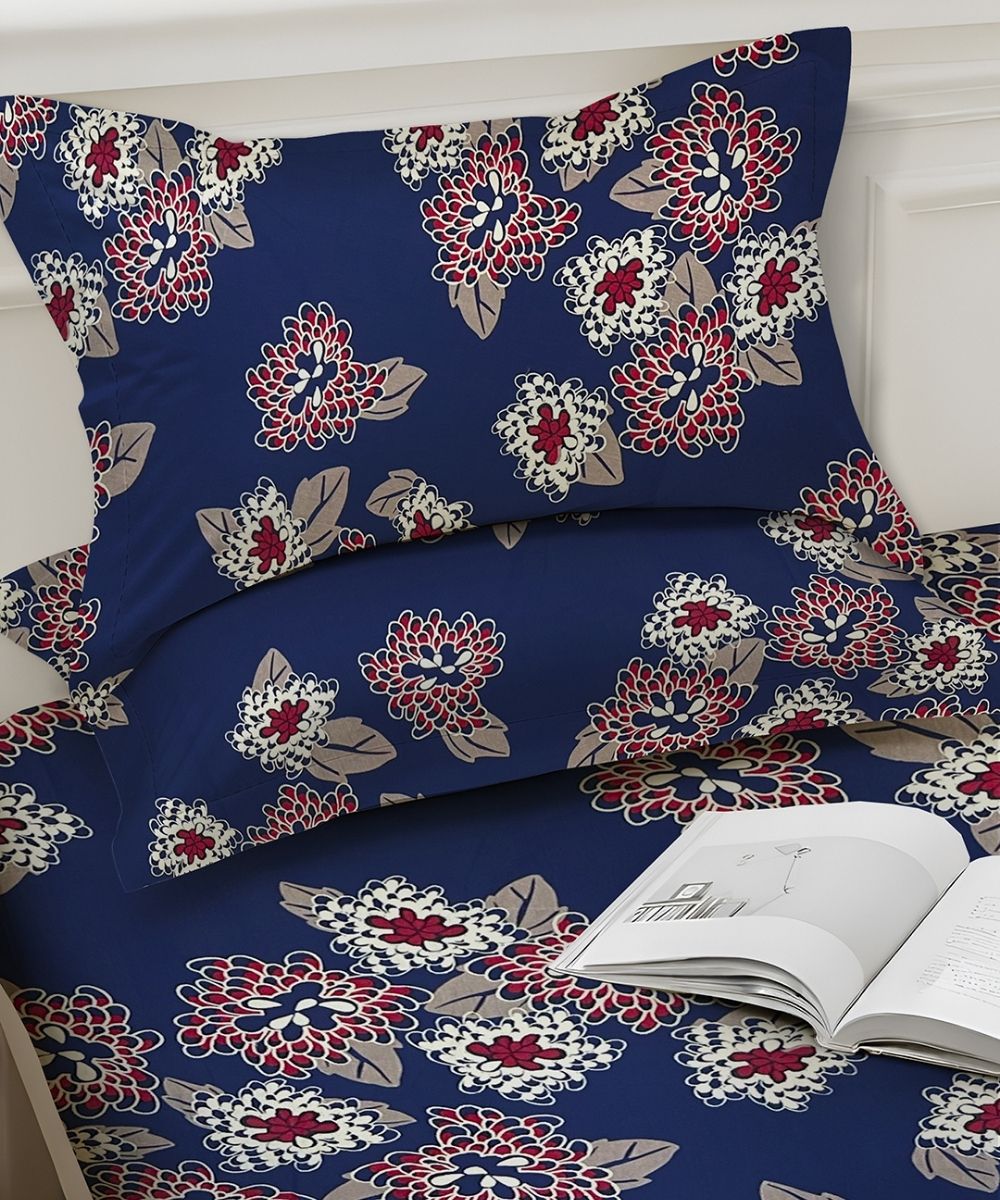 Midnight Bloom Floral  – 130 GSM Cotton Fitted Bedsheet With Pillow Cover