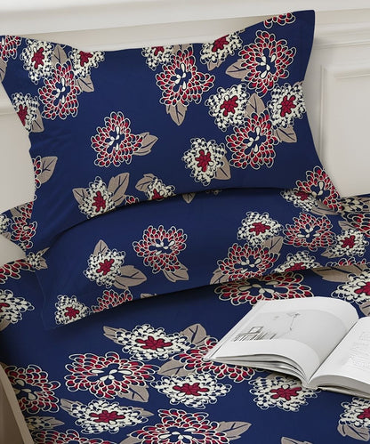 Midnight Bloom Floral  – 130 GSM Cotton Fitted Bedsheet With Pillow Cover