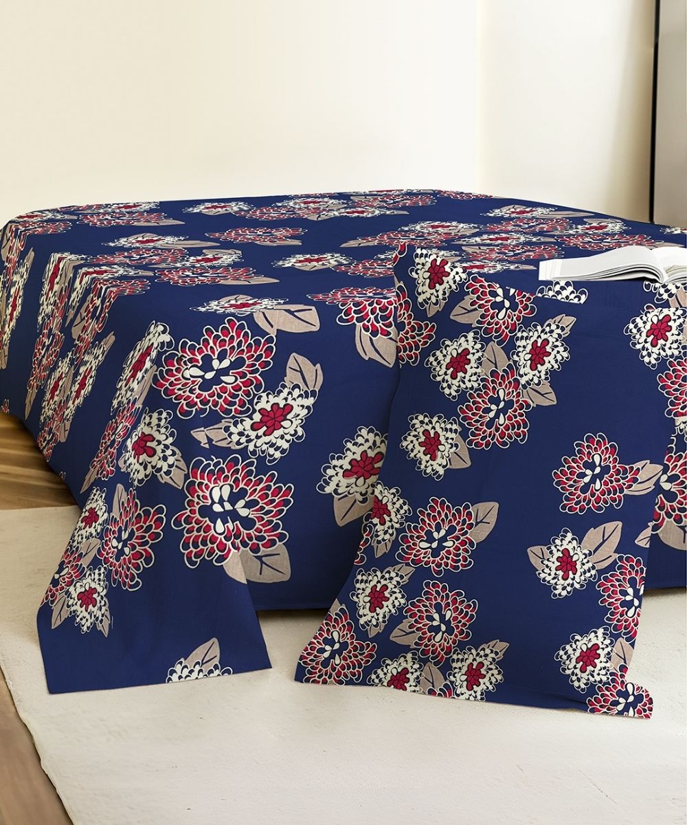 Midnight Bloom Floral  – 130 GSM Cotton Fitted Bedsheet With Pillow Cover