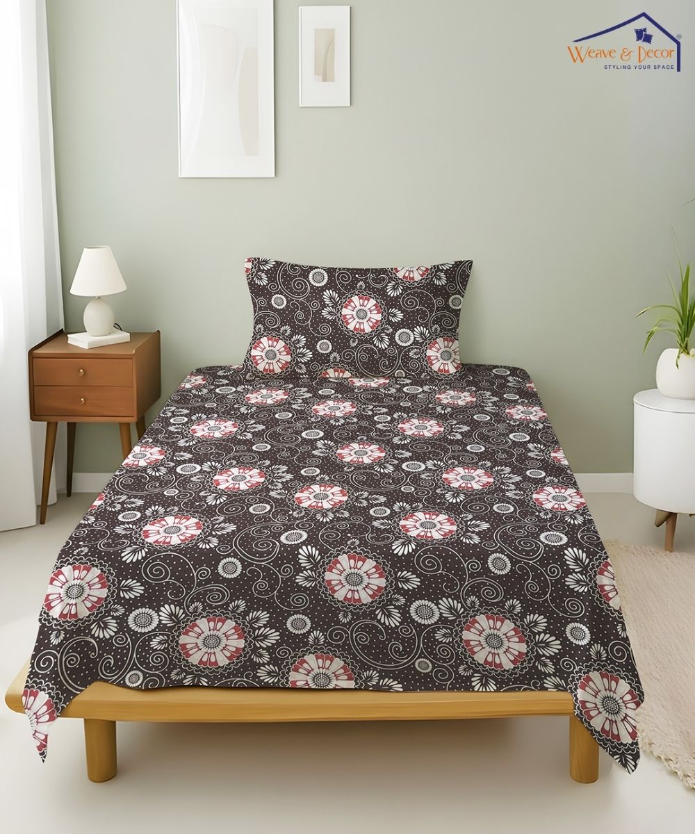 Midnight Floral Swirl  – 130 GSM Cotton Single Bedsheet With Pillow Cover |90x60 inches