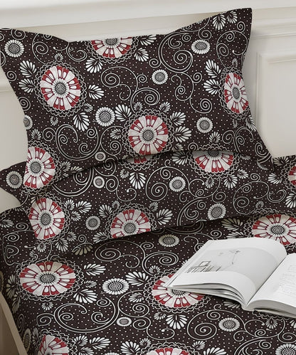 Midnight Floral Swirl – 130 GSM Cotton Fitted Bedsheet With Pillow Cover