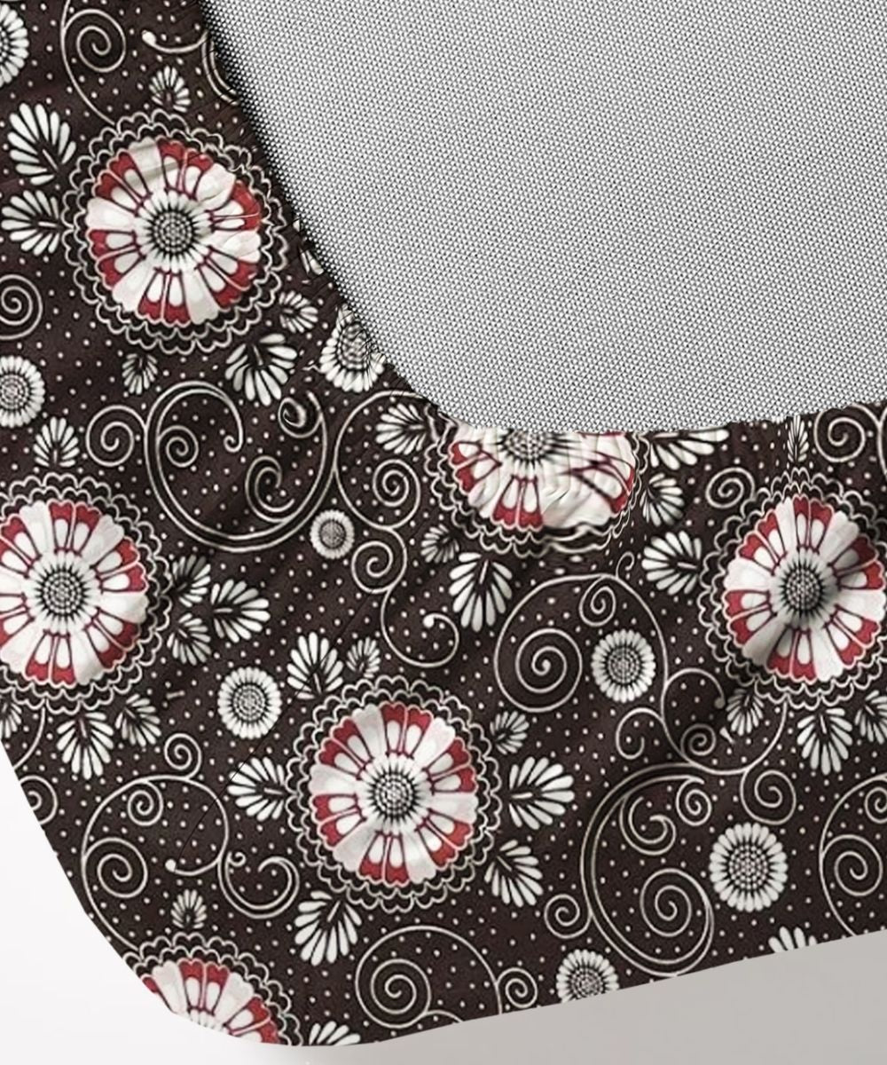 Midnight Floral Swirl – 130 GSM Cotton Fitted Bedsheet With Pillow Cover