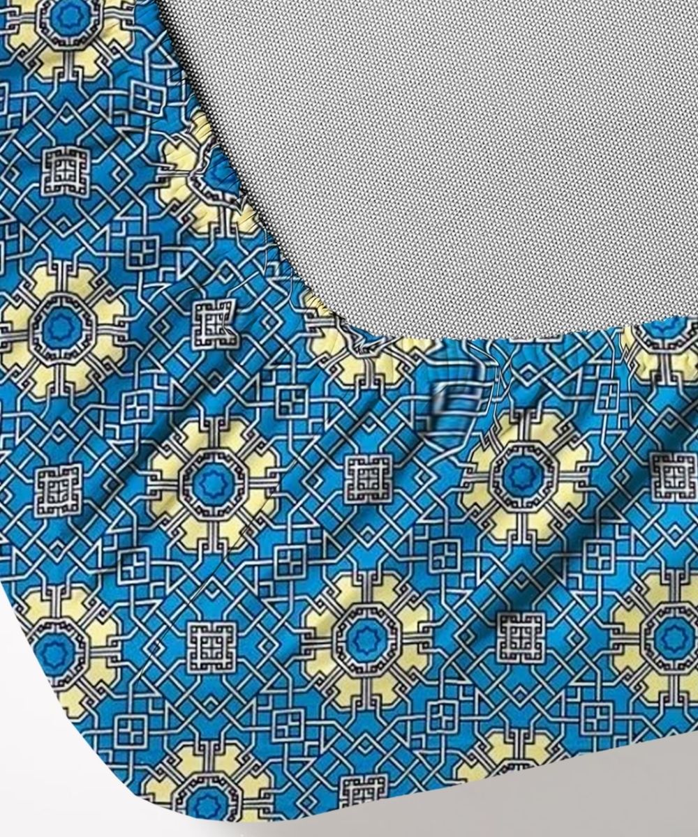 Azure Mosaic Charm – 130 GSM Cotton Fitted Bedsheet With Pillow Cover