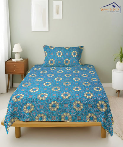 Azure Mosaic Charm  – 130 GSM Cotton Single Bedsheet With Pillow Cover |90x60 inches