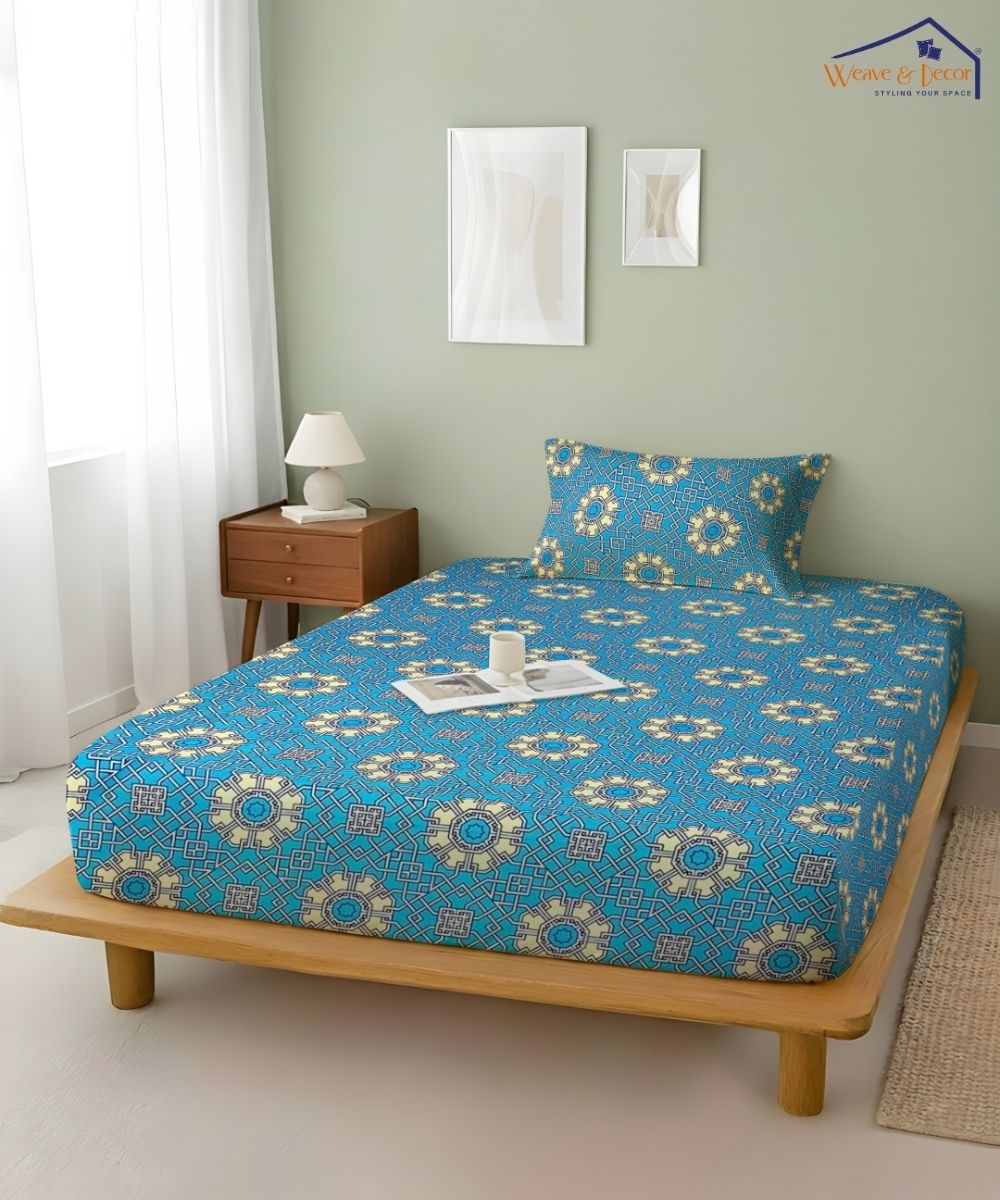 Azure Mosaic Charm – 130 GSM Cotton Fitted Bedsheet With Pillow Cover