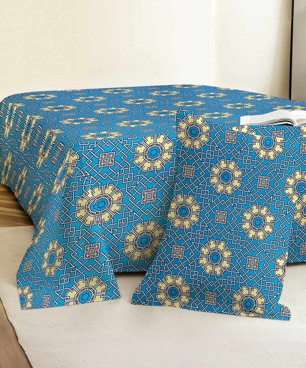 Azure Mosaic Charm  – 130 GSM Cotton Single Bedsheet With Pillow Cover |90x60 inches