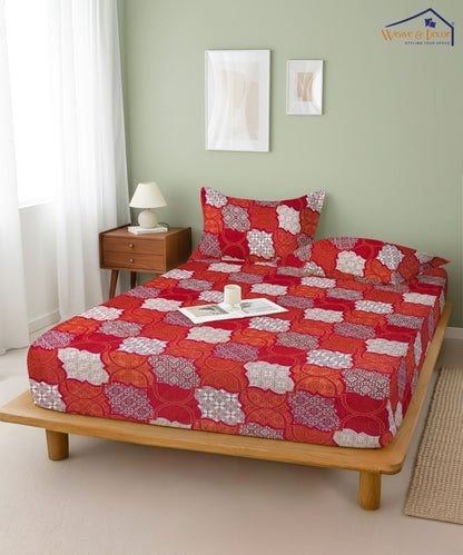 Crimson Mosaic Elegance – 130 GSM Cotton Fitted Bedsheet With Pillow Cover