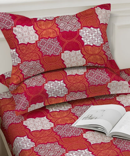 Crimson Mosaic Elegance – 130 GSM Cotton Fitted Bedsheet With Pillow Cover