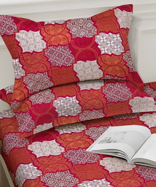 Crimson Mosaic Elegance – 130 GSM Cotton Fitted Bedsheet With Pillow Cover