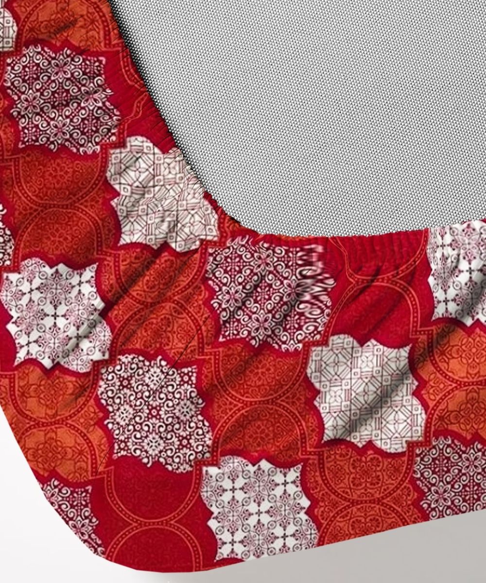 Crimson Mosaic Elegance – 130 GSM Cotton Fitted Bedsheet With Pillow Cover