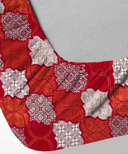 Crimson Mosaic Elegance – 130 GSM Cotton Fitted Bedsheet With Pillow Cover