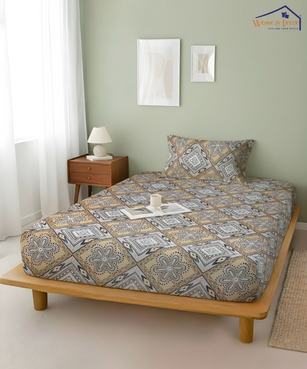 Sandstone Geo Bloom  – 130 GSM Cotton Fitted Bedsheet With Pillow Cover