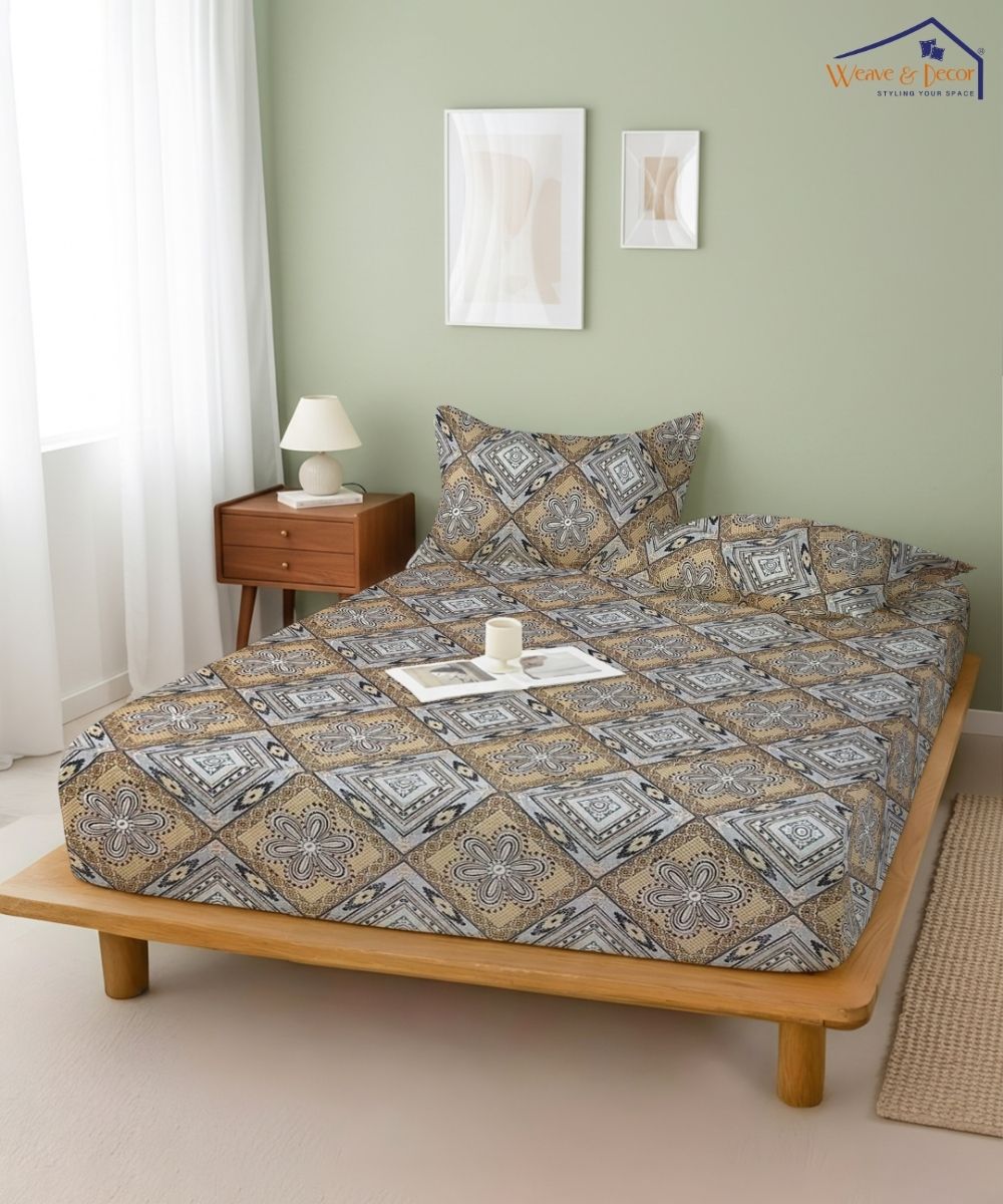 Sandstone Geo Bloom  – 130 GSM Cotton Fitted Bedsheet With Pillow Cover