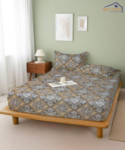 Sandstone Geo Bloom  – 130 GSM Cotton Fitted Bedsheet With Pillow Cover