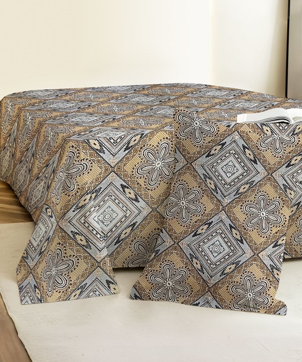 Sandstone Geo Bloom  – 130 GSM Cotton Fitted Bedsheet With Pillow Cover