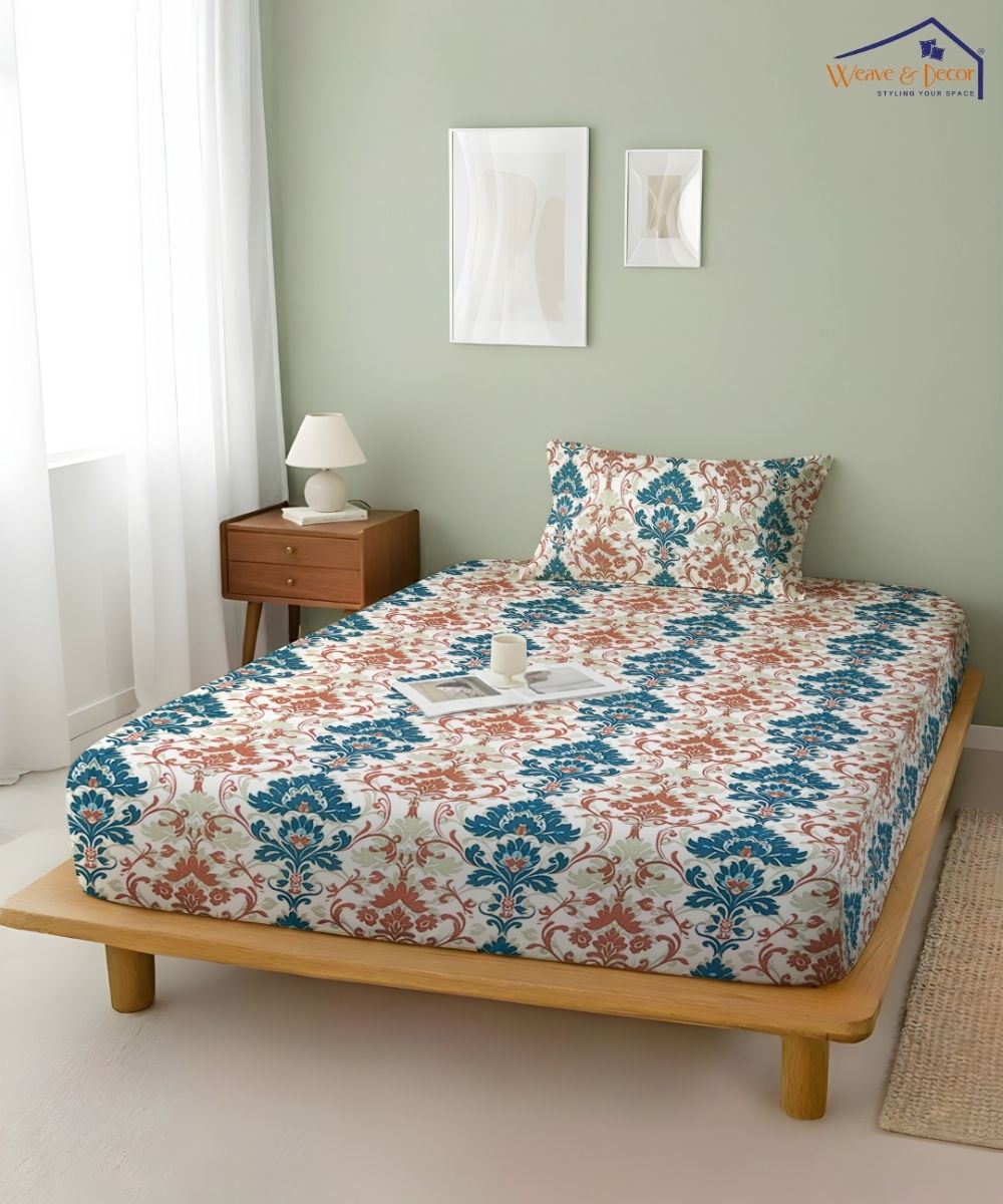 Sage Floral Vine – 130 GSM Cotton Fitted Bedsheet With Pillow Cover
