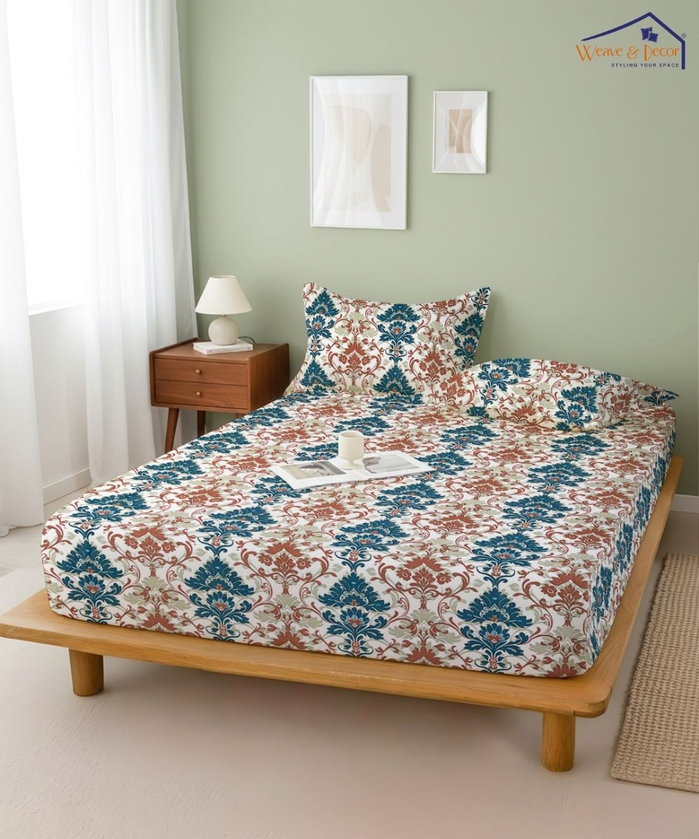 Sage Floral Vine – 130 GSM Cotton Fitted Bedsheet With Pillow Cover